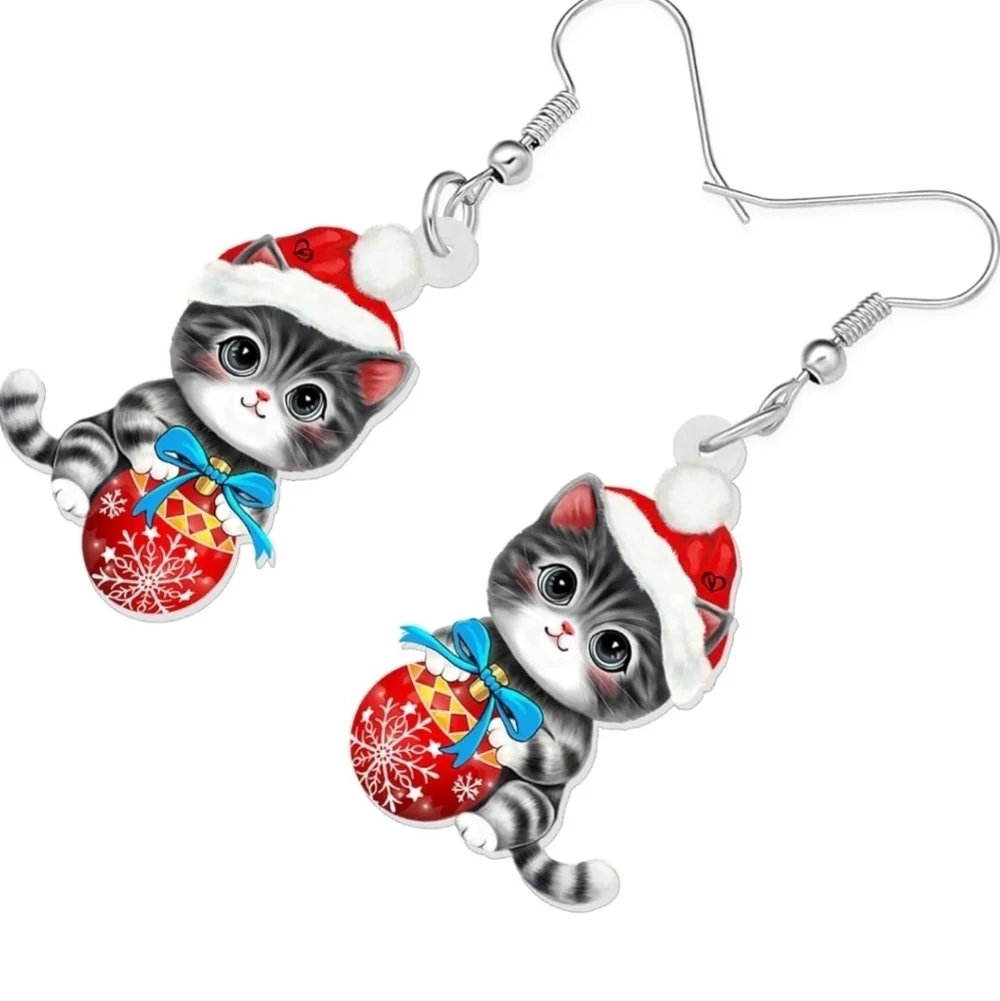 Festive Cat Earrings - Red and Gray